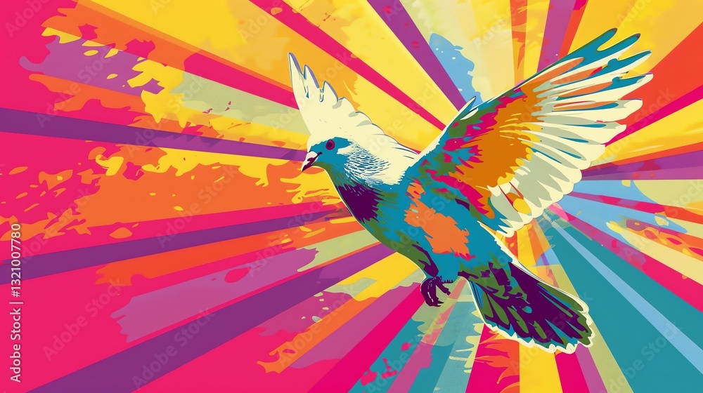 Obraz premium A colorful illustration of a dove in flight against a bright, abstract background.