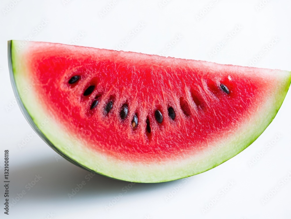 Vibrant slice of refreshing watermelon against a pristine white backdrop Vibrant slice of refreshing watermelon against a pristine white backdrop