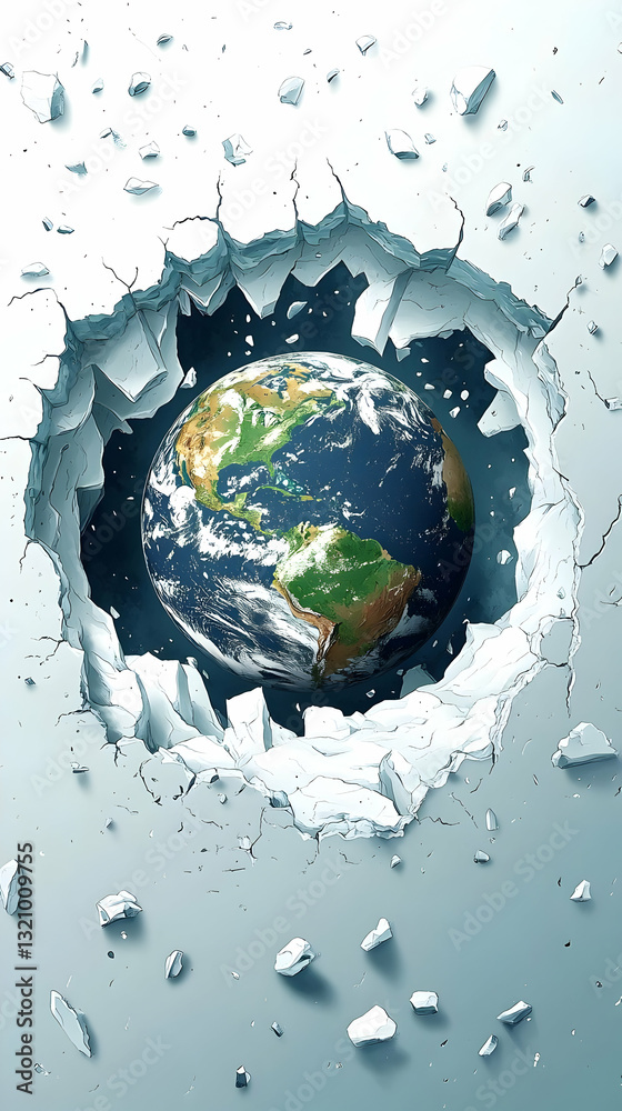Fototapeta premium Earth breaking through wall; global crisis