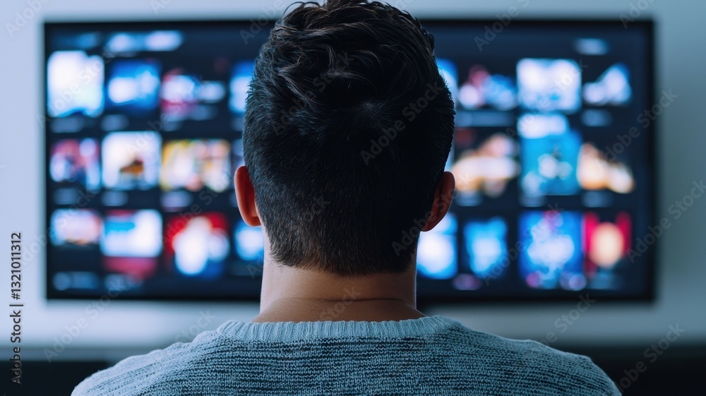 Back view of fan man watching football match and making bets at bookmaker's website in front of TV screen home Back view of fan man watching football match and making bets at bookmaker's website in front of TV screen home