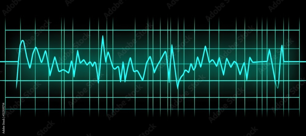 Fototapeta premium Cyan Heartbeat Line on Dark Blue Electronic Music Grid Background, Signal Measurement, Graph