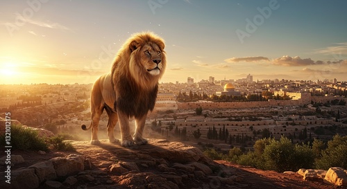 Majestic Lion Overlooking Jerusalem Cityscape at Golden Sunset