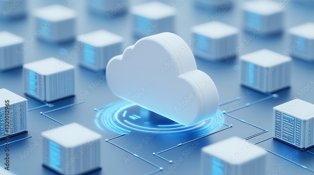 Modern Cloud Computing Concept with 3D Cloud Icon Surrounded by Data Servers and Digital Connections