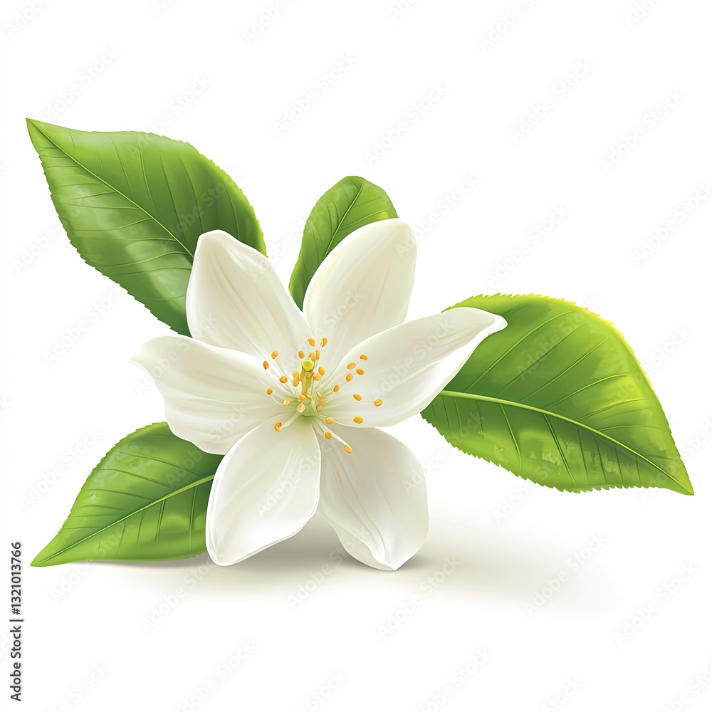 Obraz premium Delicate white flower with lush green leaves