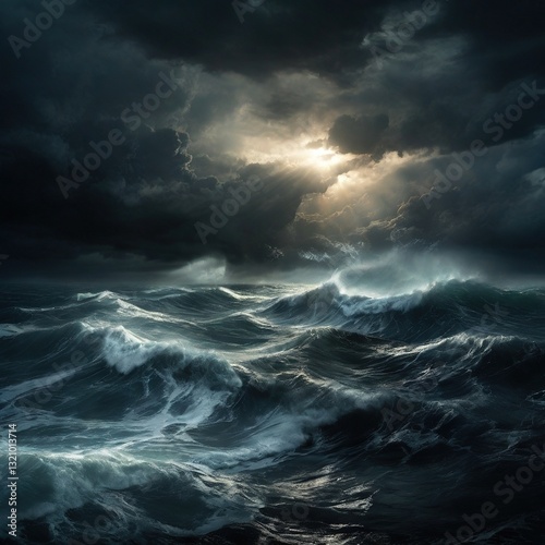 A Tempestuous Ocean Battling A Dramatic, Stormy Sky Showcasing The Raw Power Of Natures Fury With Deep Blues And Moody Lighting