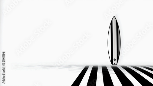 A surfboard is on a beach with a white background