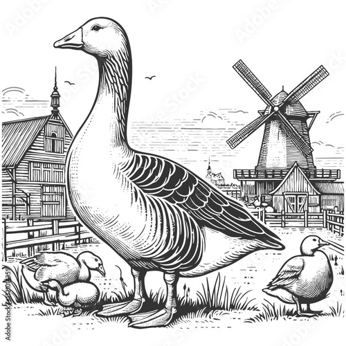 Goose with Ducklings on a Farm vector illustration