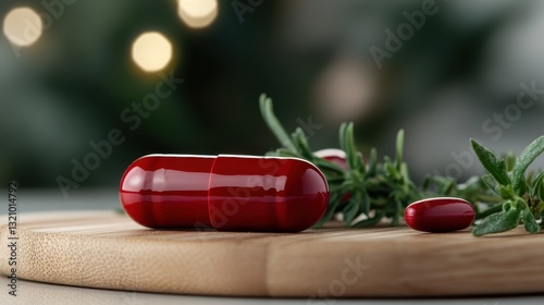 An artistic display of shiny red pills beside fresh green herbs on a light background, symbolizing the fusion of modern health solutions with natural remedies and well-being.
