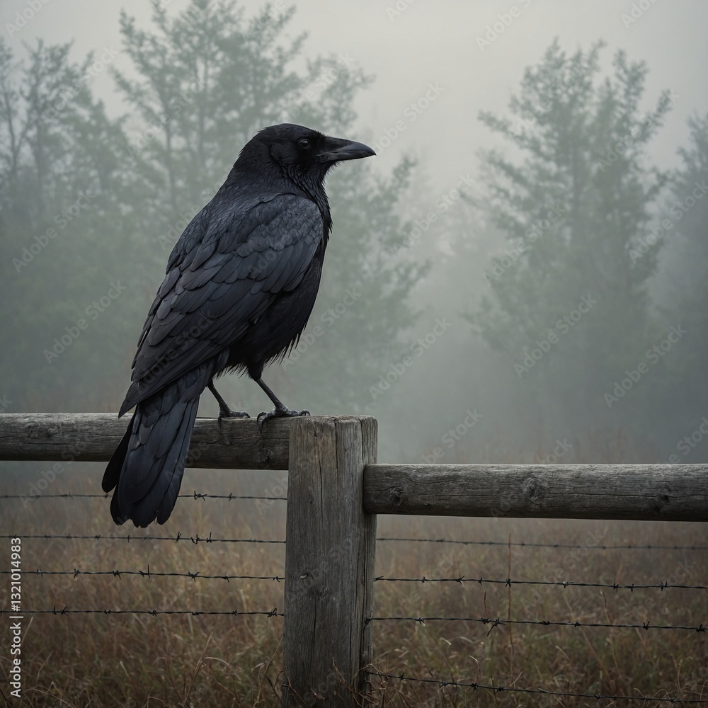 Fototapeta premium A crow perched on a fence during a foggy morning.