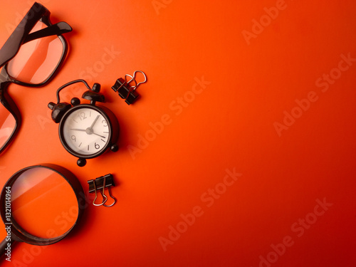 Top view magnifying glass,clock,paper clips and glasses on a orange background with copy space.Business concept photo