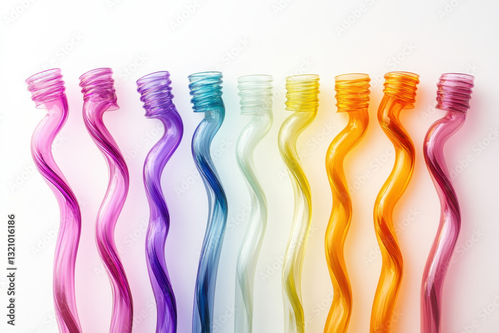 Row of colorful plastic bottles on a white shelf, with various sizes and shapes, each displaying vibrant hues of blue, green, and yellow. Row of colorful plastic bottles on a white shelf, with various sizes and shapes, each displaying vibrant hues of blue, green, and yellow.
