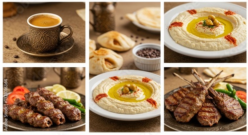 Set of photographs of Arabic and Oriental cuisine. Collage of coffee, hummus, meat. Background image. copy space