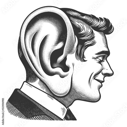 man in vintage attire with exaggeratedly large ears, symbolizing attentive listening or surreal fantasy sketch engraving generative ai vector illustration. Scratch board. Black and white image.