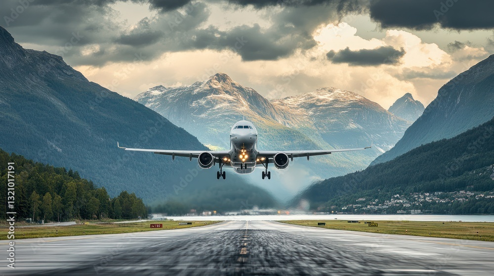 Airplane takeoff, mountain valley, airport runway, dramatic clouds Airplane takeoff, mountain valley, airport runway, dramatic clouds