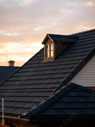 Roof shingles with garret house on top of the house. dark asphalt tiles on the roof background on afternoon time. dark asphalt tiles on the roof background