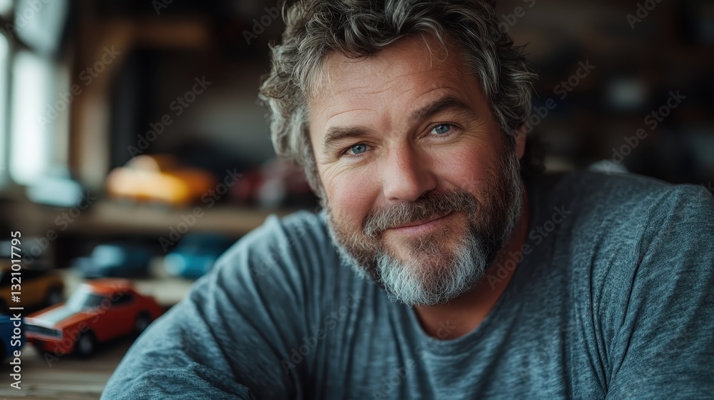 A cheerful man poses with a collection of model cars, showcasing his passion for automotive design and craftsmanship in a cozy, hobby-filled workspace. A cheerful man poses with a collection of model cars, showcasing his passion for automotive design and craftsmanship in a cozy, hobby-filled workspace.