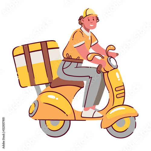 Fast delivery of cartoon food order by courier on scooter. Funny driver in yellow cap riding moped to deliver box. Express shipping mascot, cartoon delivery man on motorbike vector illustration