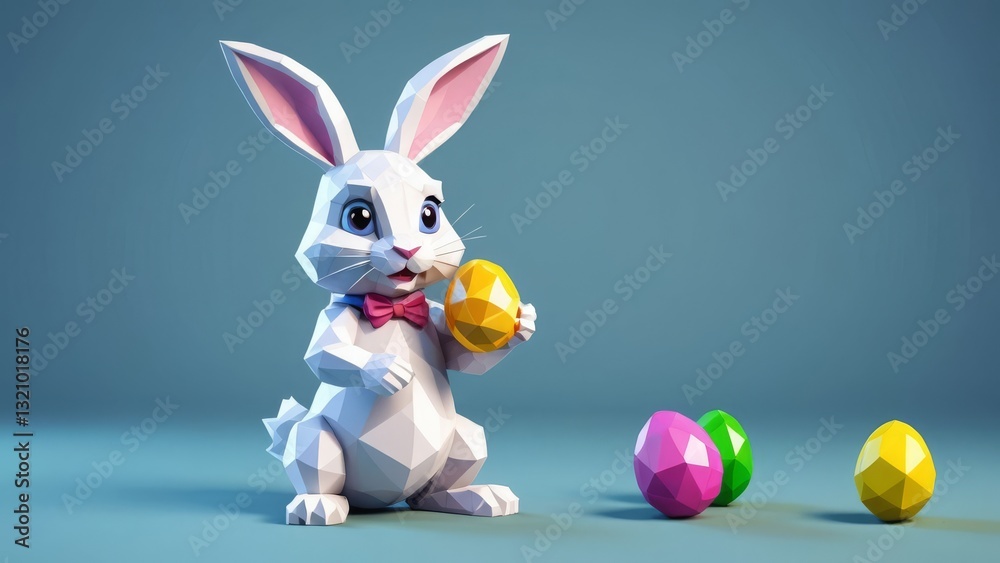 Fototapeta premium Geometric bunny holding a yellow egg with colorful eggs on a blue background