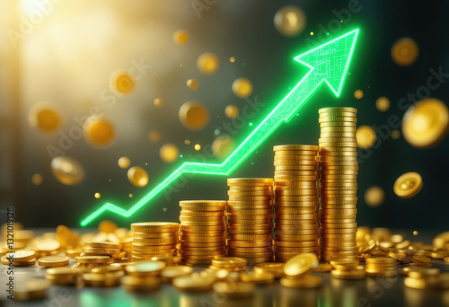 Flecha verde brillante que asciende suavemente, con monedas doradas y símbolos financieros flotando en el fondo photo