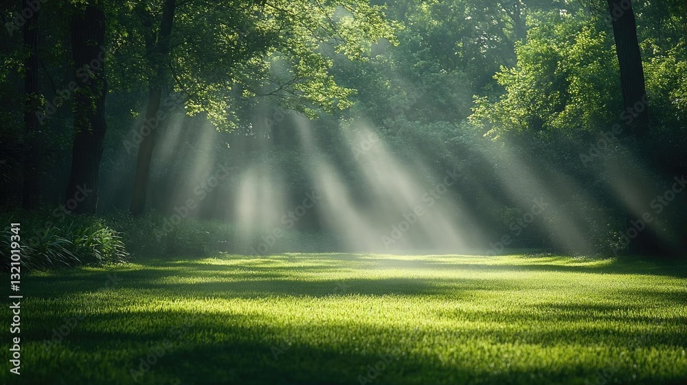 Obraz premium Serene sunlight filtering through lush trees onto a vibrant green meadow in a tranquil forest