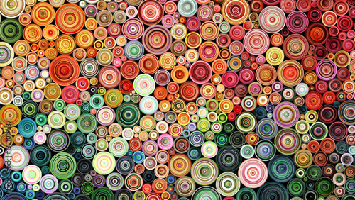 Colorful paper quilling art. Lively background with rolled paper made from twisted strips. Vibrant circles created using the quilling technique. Paper filigree hobby diy artwork. Vector illustration