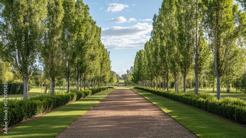 Tranquil avenue of poplar trees creating a symmetrical vista in countryside