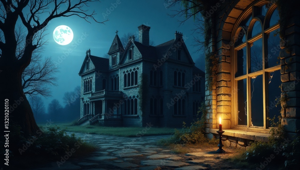 Mansión abandonada con ventanas rotas, una vela parpadeante visible en el interior y una luna llena al fondo Mansión abandonada con ventanas rotas, una vela parpadeante visible en el interior y una luna llena al fondo