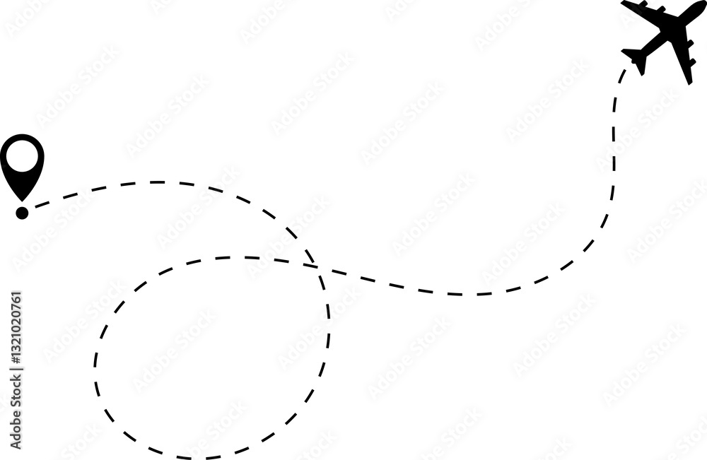 Airplane line path icon of air plane flight route with start point and dash dotted line trace. Love travel route. Airplane routes. Travel icon. Airplane line path icon of air plane flight route with start point and dash dotted line trace. Love travel route. Airplane routes. Travel icon.