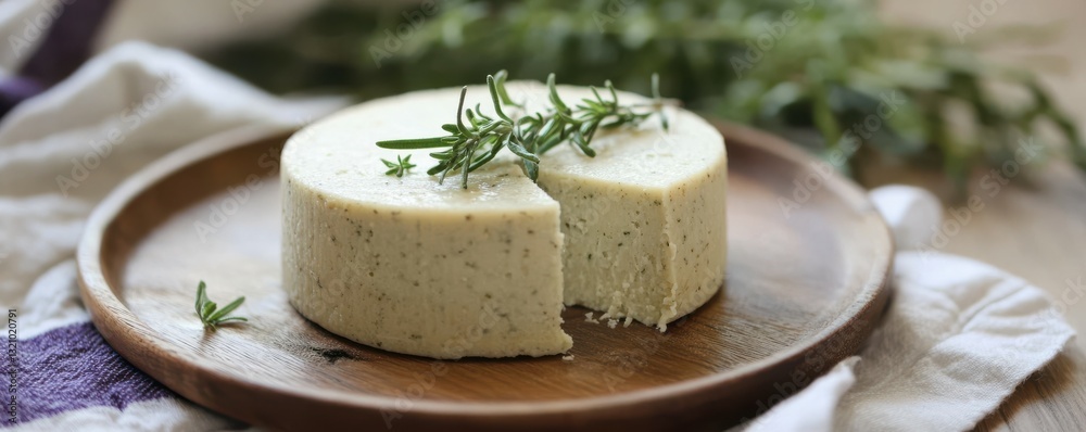 Round vegan cheese on wooden plate with fresh rosemary garnish Round vegan cheese on wooden plate with fresh rosemary garnish