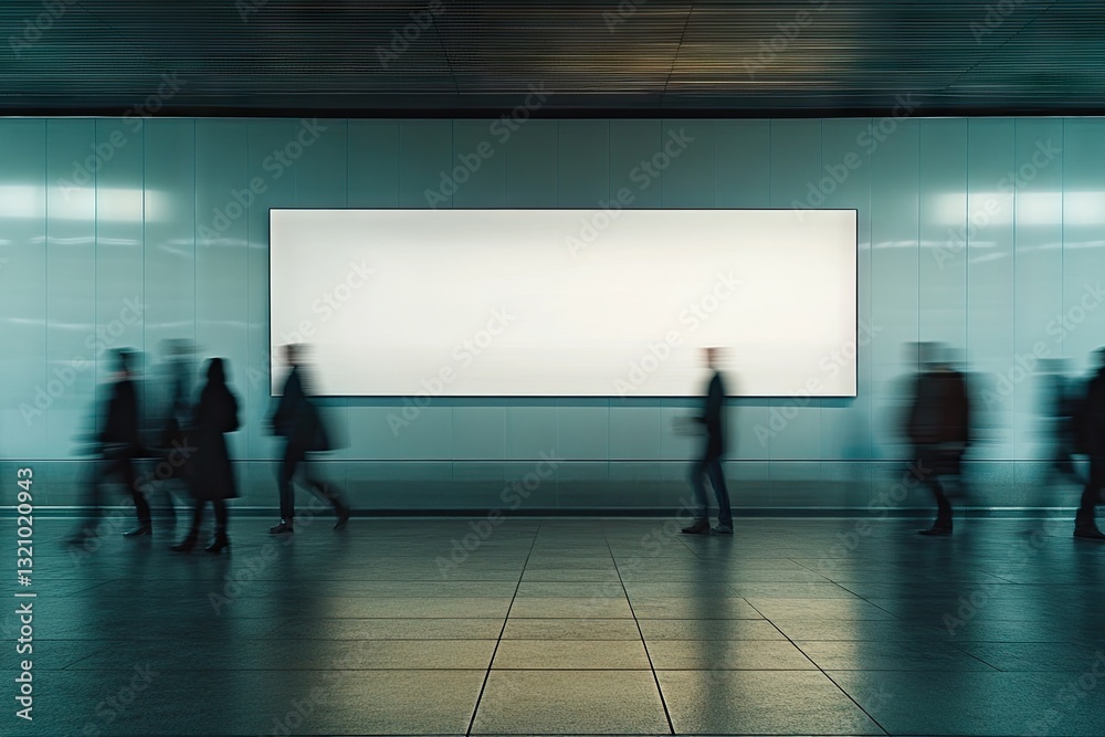 Empty billboard in a bustling modern hall. Pedestrians in motion blur Empty billboard in a bustling modern hall. Pedestrians in motion blur