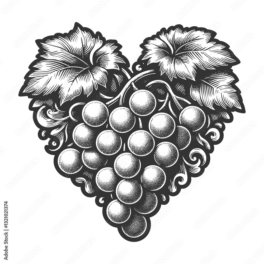Φωτογραφία Heart shaped bunch of grapes with detailed leaves, classic botanical illustration style and traditional fruit etching sketch engraving generative ai raster