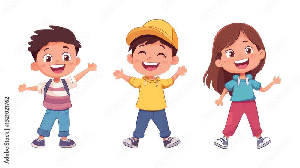 Three cheerful cartoon children celebrating together with joyful expressions, isolated on transparent background, cutout png Three cheerful cartoon children celebrating together with joyful expressions, isolated on transparent background, cutout png