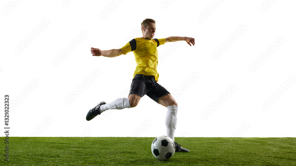 Obraz premium Low angle view of young man, soccer player in motion during game, training, powerfully kicking ball with extended leg against white background. Concept of sport, competition, action.