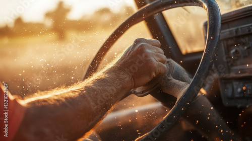 Wallpaper Mural Close-up of a farmer's hand gripping a weathered tractor steering wheel, dust particles catching the sunlight, creating a nostalgic rural atmosphere Torontodigital.ca