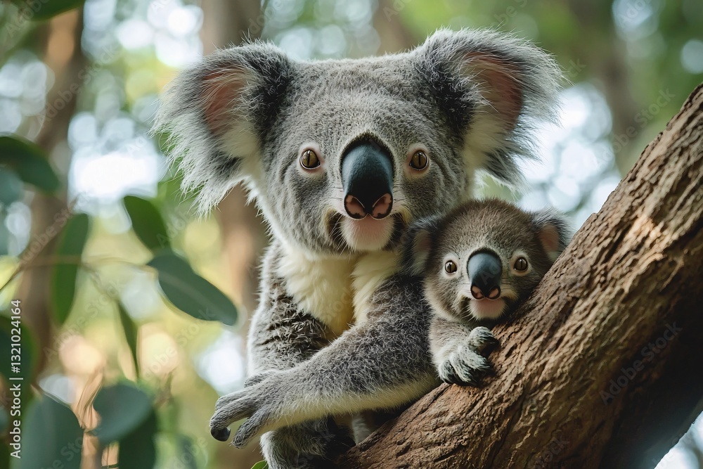 Fototapeta premium A heartwarming wildlife photograph featuring a mother koala with her joey, perfect for conservation campaigns, animal-themed designs, and children's educational materials.