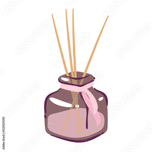 Glass cartoon aroma reed diffuser with aromatic sticks and pink ribbon. Funny bottle with essential oil and wooden sticks. Aromatherapy mascot, cartoon cute home fragrance jar vector illustration