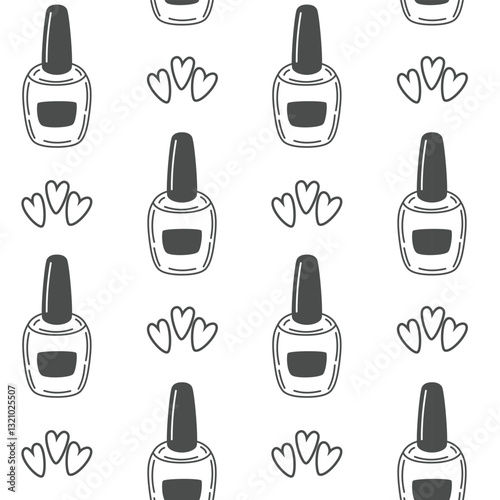 Minimalist monochrome nail polish seamless pattern, vector illustration with hand-drawn beauty elements for fashion, cosmetics, and self-care themed backgrounds