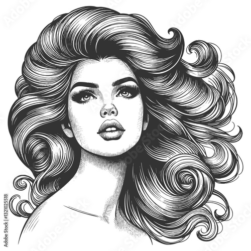 woman with an enormous, intricately curled hairstyle, blending surrealism, elegance, and vintage artistic style sketch engraving generative ai vector illustration. Scratch board. Black and white image