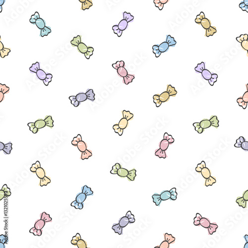 Seamless pattern with confetti of candies on a white background. Vector illustration in simple childish hand drawn style.