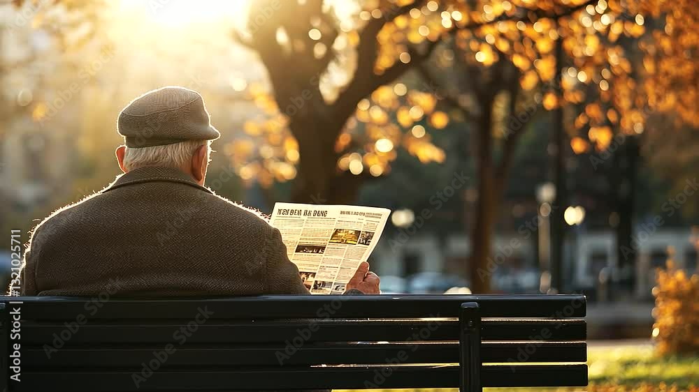 A man reading a newspaper on a sunny park bench