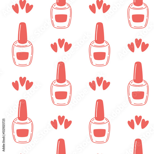 Red nail polish and hearts seamless pattern, vector illustration for romantic and beauty-related designs, fabric, and gift packaging