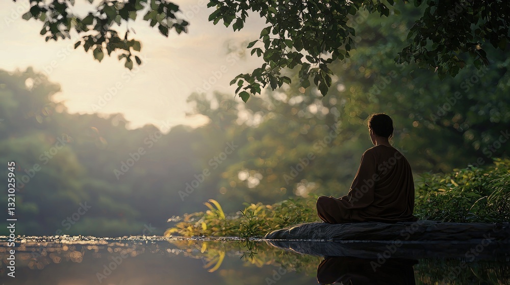 Serene Meditation in Nature with Sunlight and Spiritual Reflection Serene Meditation in Nature with Sunlight and Spiritual Reflection