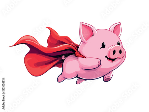 Super pig flying and wearing red cape, cartoon illustration