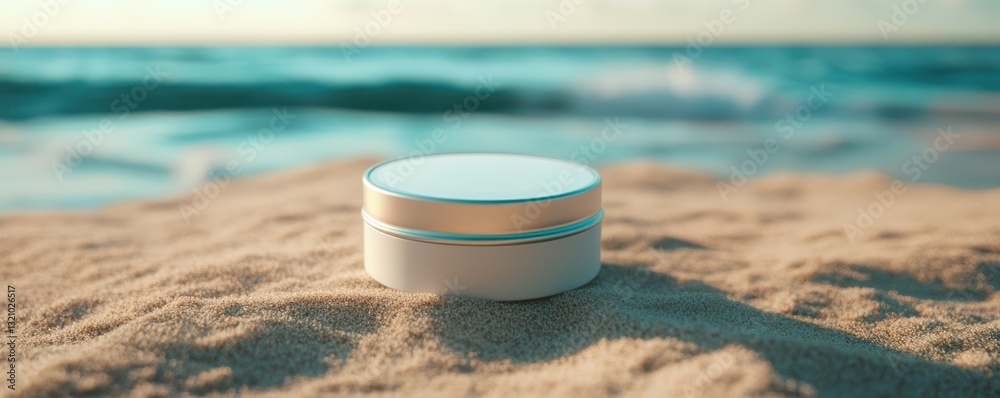 Round container on sandy beach with ocean waves in background at sunset