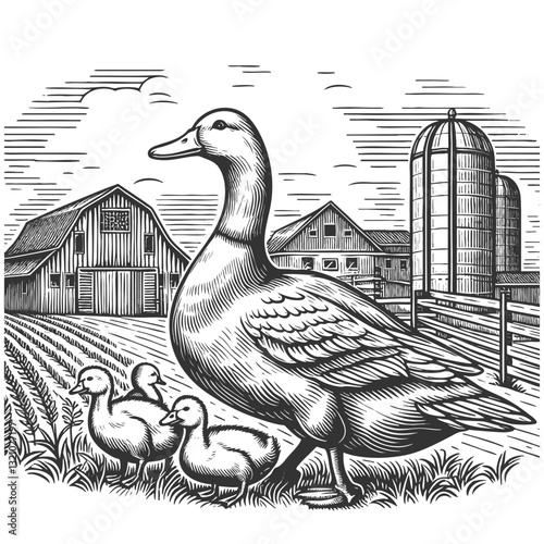Goose with Ducklings on a Farm vector illustration