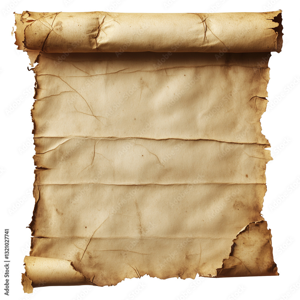 Fototapeta premium Title An old, torn parchment paper with rough edges and a weathered texture, antique appearance for vintage designs and backgrounds, isolated on transparent background 