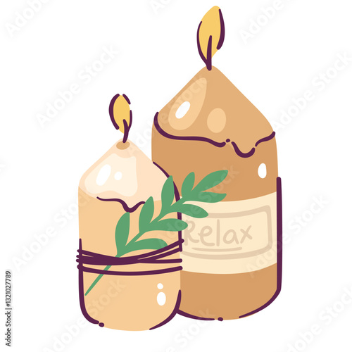 Two cartoon scented candles with flame, Relax text on label and green plant. Funny spa cylinder candles with fragrance. Aromatherapy, zen ambience mascot, cartoon cute aroma gift vector illustration