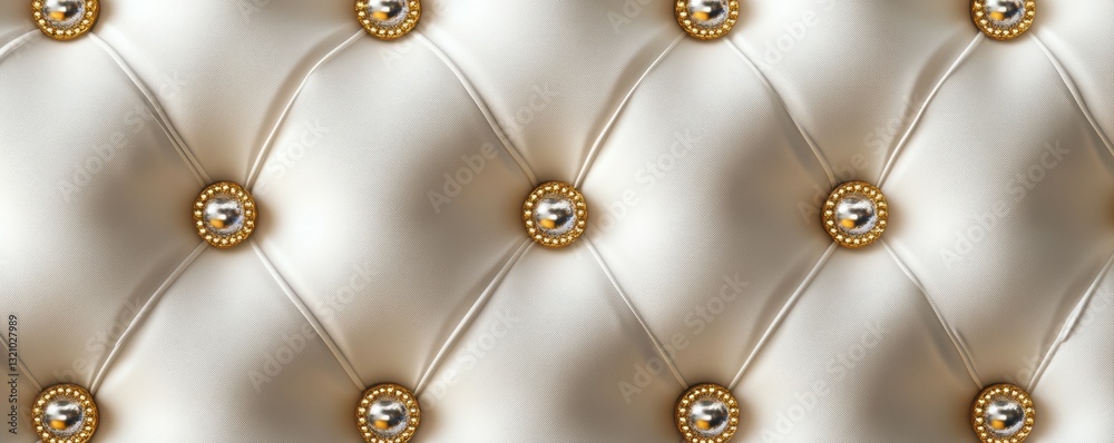 Fototapeta premium Luxurious diamond button tufted texture with soft beige quilting and golden details