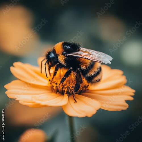 Honeybee on Orange Flower in Garden Background photo