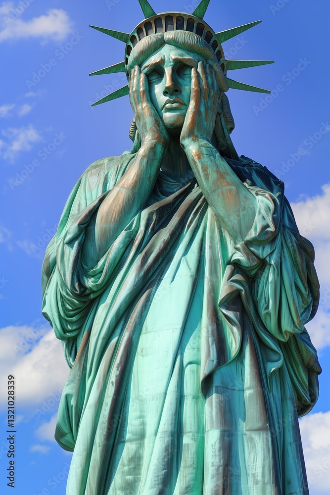 Fototapeta premium The Statue of Liberty in a pose of shame, reflecting America’s political crisis